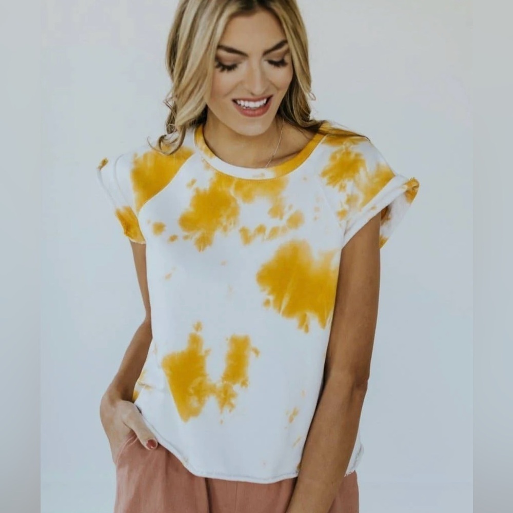 ROOLEE, YELLOW, TIE DYE PRINT SHIRT WITH FLUTTER SLEEVES. CROPPED. SIZE XS